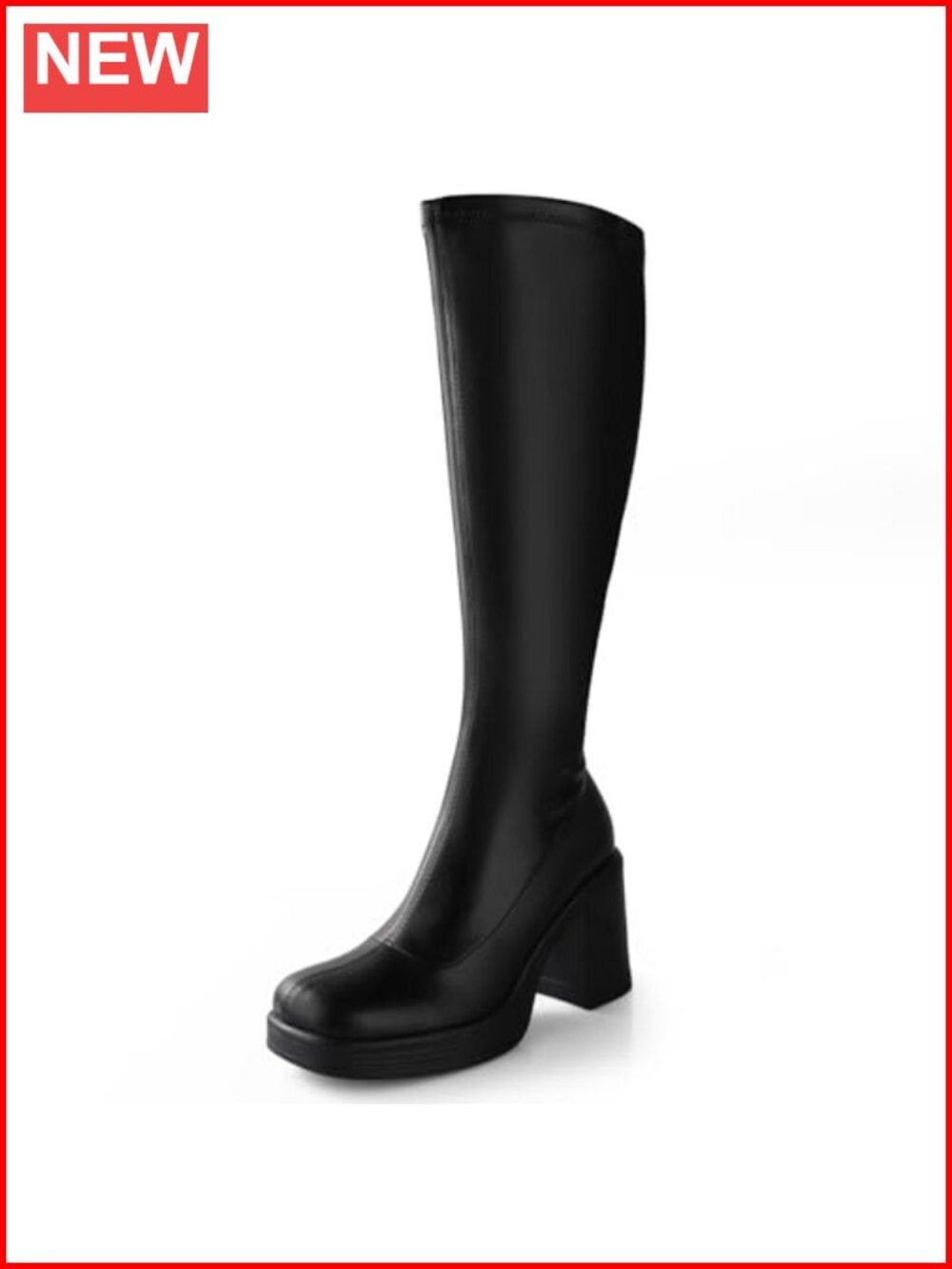 Knee High Gogo Boots Chunky Platform Heel Side Zip Square Toe PU